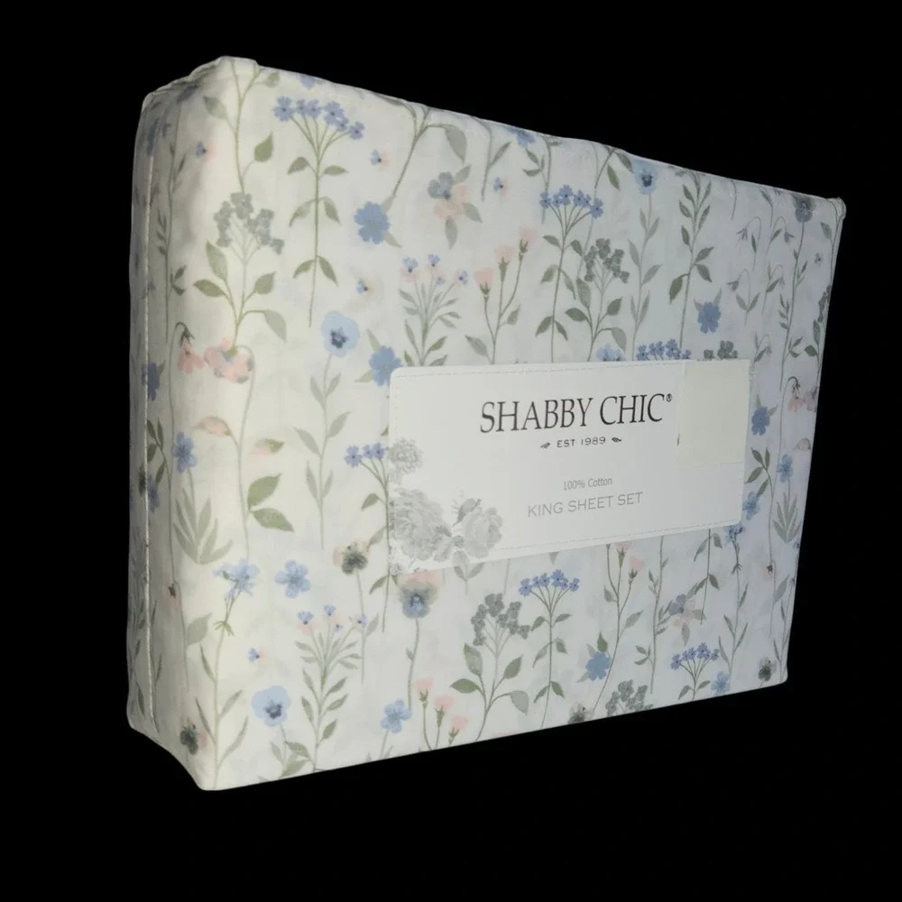 Shabby Chic 4pc Cottagecore Multi Floral Cotton King Sheet‎ Set White Background